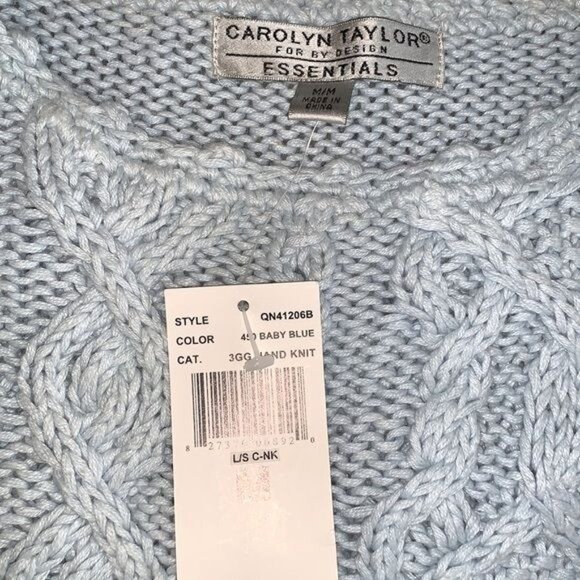 Carolyn Taylor Essentials Baby Blue Cable Knit Sweater M/L 100% Cotton Hand Knit - Picture 3 of 8